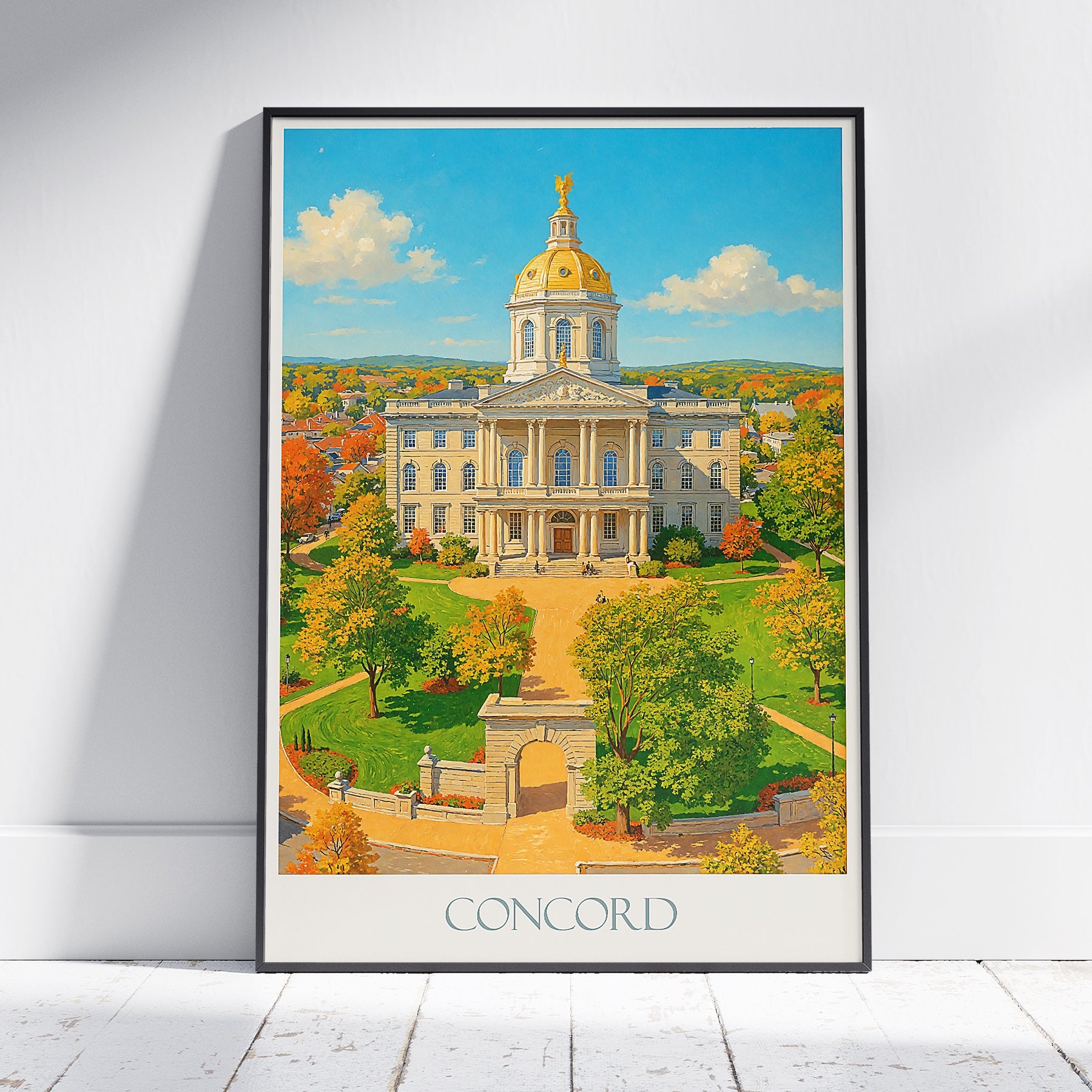 Concord New Hampshire Travel Poster, State House Fall Art Print | New England Autumn Decor | Historic Landmark Wall Art
