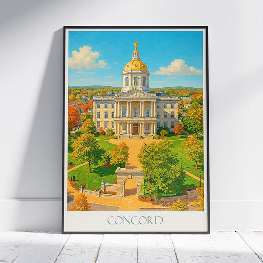 Concord New Hampshire Travel Poster, State House Fall Art Print | New England Autumn Decor | Historic Landmark Wall Art