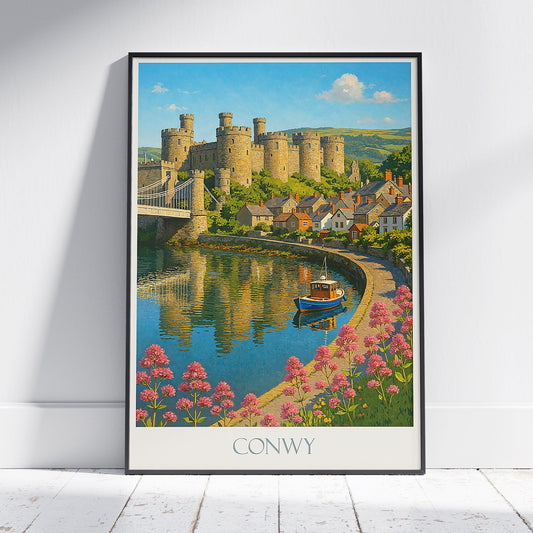 Conwy Castle Travel Poster, Wales UK Art Print | Historic Welsh Castle Wall Decor | UK Coastal Town Art | Personalized Travel Gift