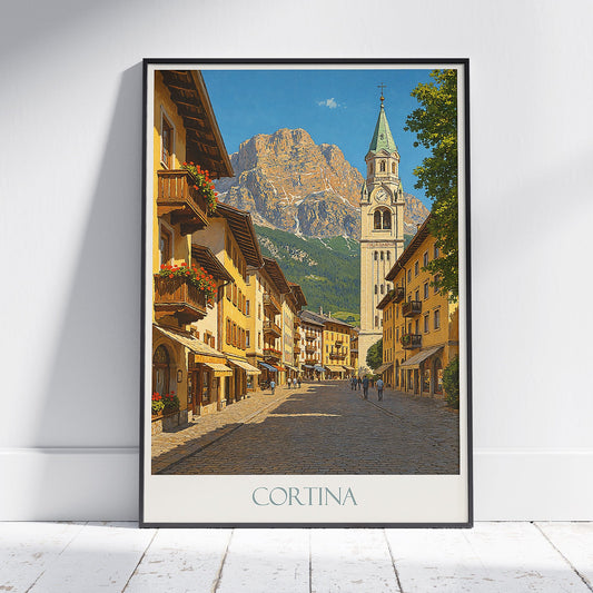 Cortina Dolomites Travel Poster | Italy Alpine Street Scene Art Print | Mountain Wall Decor & Gift