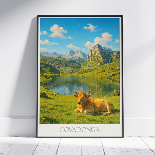 Covadonga Travel Poster | Serene Mountain Lake Art Print | Spain Landscape with Cow | Nature Lover Gift & Home Decor