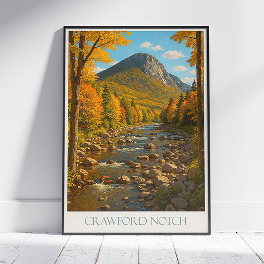 Crawford Notch Travel Poster, New Hampshire Autumn Landscape | White Mountains Fall Foliage Art Print | Scenic Mountain Wall Decor