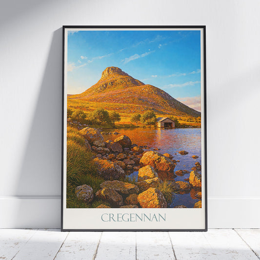 Cregennan Lakes Boathouse Travel Poster | Snowdonia Wales Art Print | UK Lake Painting | Mountain Landscape Wall Art