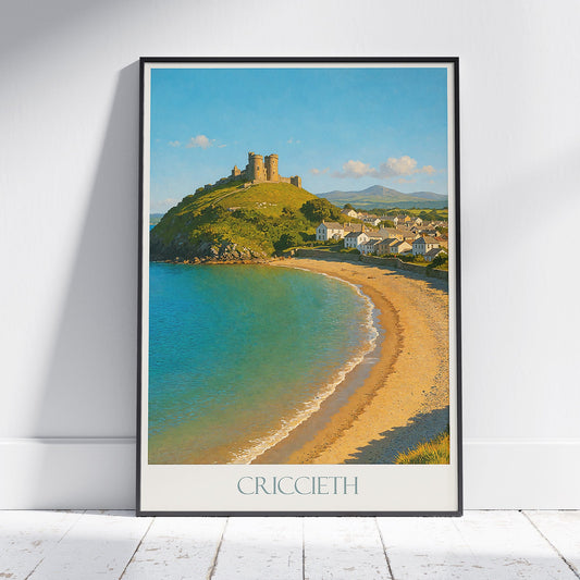 Criccieth Castle Travel Poster, Wales Beach Art Print | Coastal Town Wall Decor | UK Landmark Gift