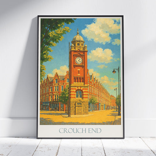 Crouch End London Travel Poster | Iconic Broadway Clock Tower Art Print | UK Streetscape Decor | Vintage Style Wall Art