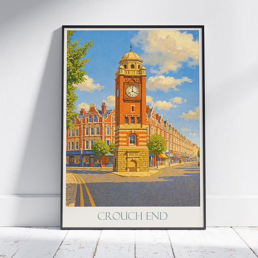 Crouch End London Travel Poster | Iconic Clock Tower Art Print | UK Street Scene Wall Decor
