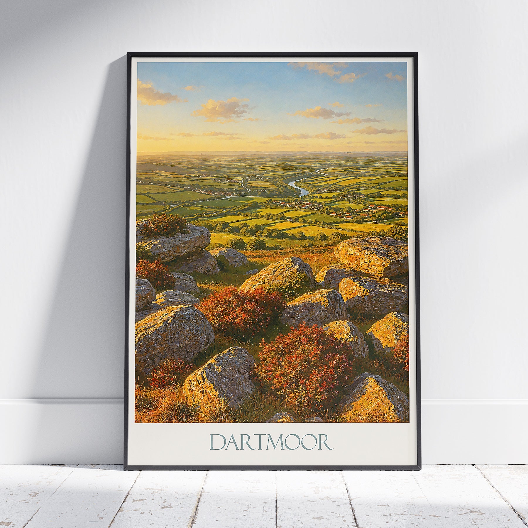 Dartmoor Travel Poster, English Moorland View ~ Golden Hour Landscape Art Print & Home Decor | UK Nature Wall Art
