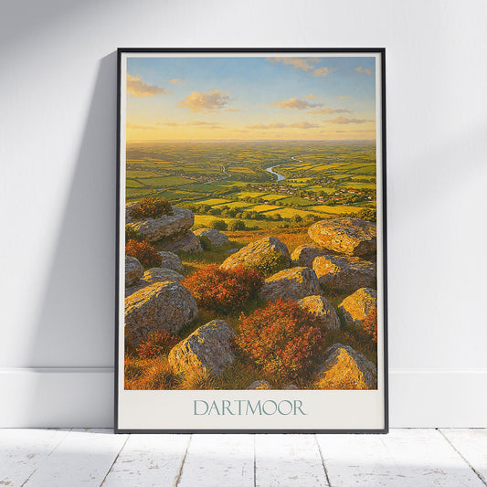 Dartmoor Travel Poster, English Moorland View ~ Golden Hour Landscape Art Print & Home Decor | UK Nature Wall Art