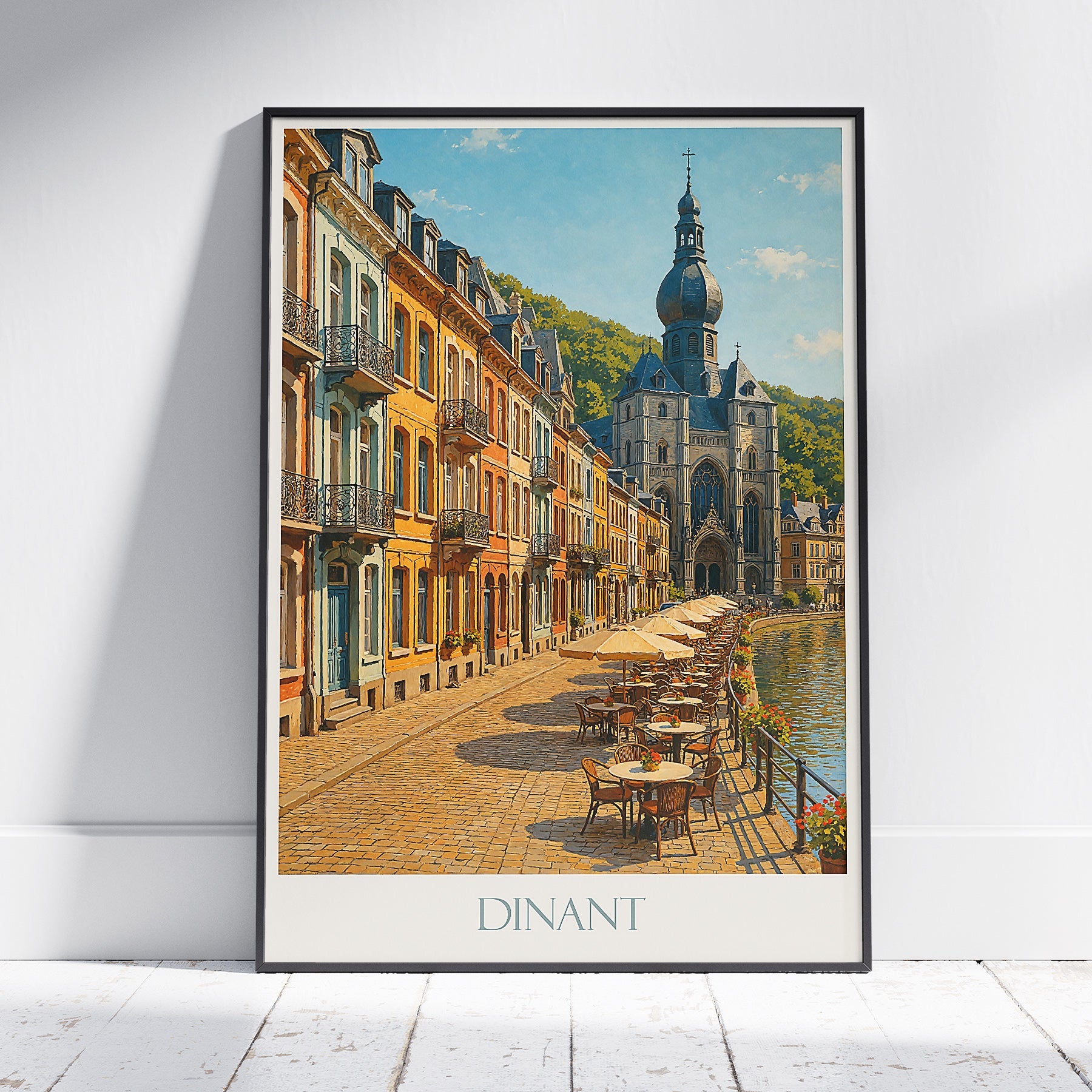Dinant Belgium Travel Poster | Picturesque Street & Meuse River Cafe Art Print | Historic City Wall Decor | Personalized Gift