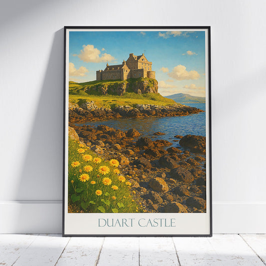 Duart Castle Travel Poster | Isle of Mull Scotland Sunlit Coastal Art Print | Vintage Style Wall Decor | Scottish Castle Gift