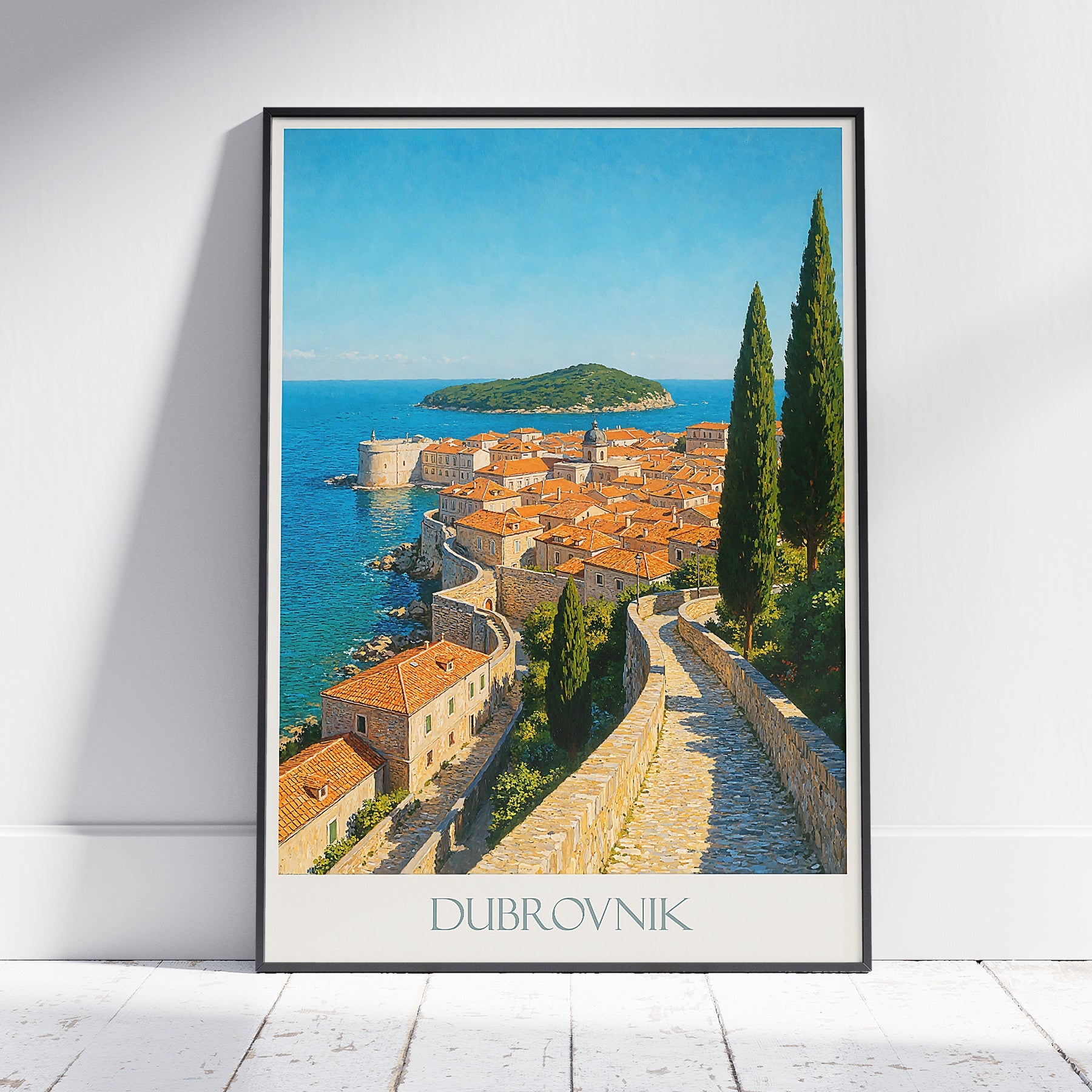 Dubrovnik Travel Poster | Sunlit Old Town Street Art Print | Croatia Vacation Wall Art | Historic City Home Decor