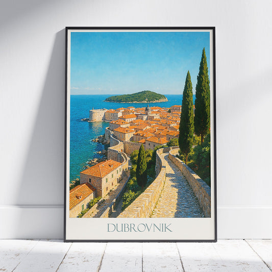 Dubrovnik Travel Poster | Sunlit Old Town Street Art Print | Croatia Vacation Wall Art | Historic City Home Decor
