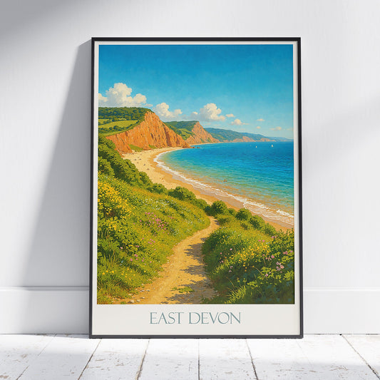 East Devon Travel Poster | Jurassic Coast Beach Art Print | Coastal UK Landscape | Summer Vacation Gift