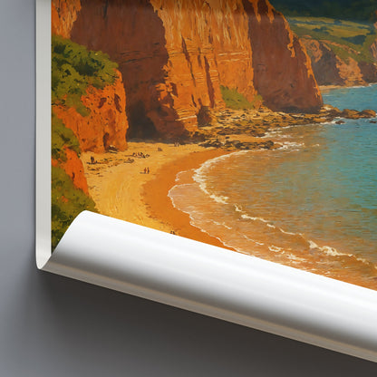 East Devon Travel Poster | Red Cliffs UK Art Print | Jurassic Coast Painted Wall Art | Coastal Landscape Decor Gift