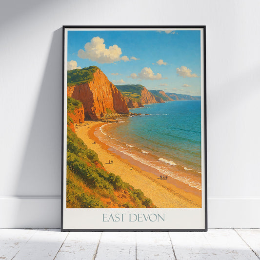 East Devon Travel Poster | Red Cliffs UK Art Print | Jurassic Coast Painted Wall Art | Coastal Landscape Decor Gift