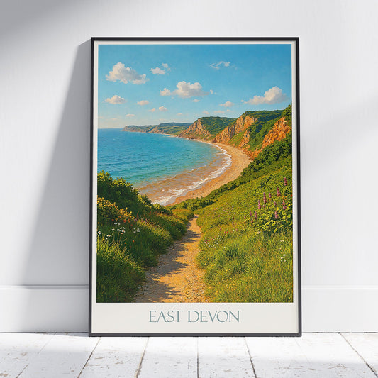 East Devon Travel Poster | England Coastal Landscape Art Print | UK Beach Cliff Wall Decor | Summer Vacation Gift