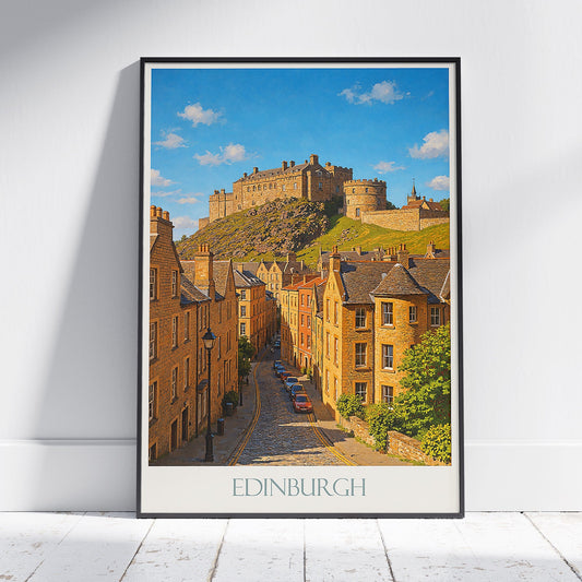 Edinburgh Travel Poster, Scotland Cityscape Art | Charming Old Town Street Wall Art Print | UK Castle Home Decor