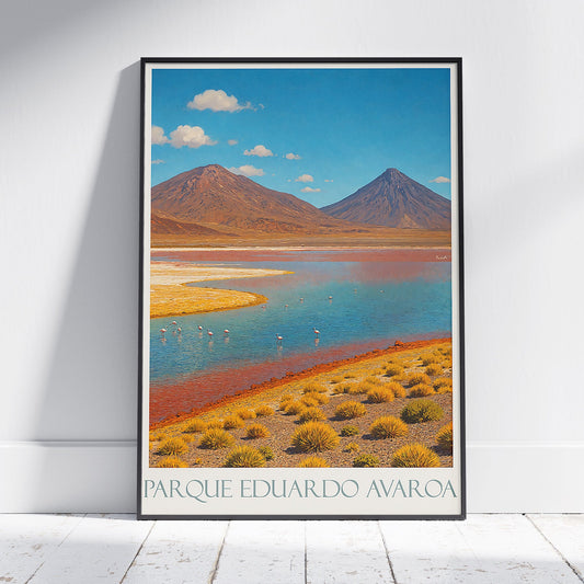 Eduardo Avaroa National Park Travel Poster | Bolivia Laguna Colorada Flamingo Art Print ~ Surreal Landscape Wall Art | South America Decor Gift