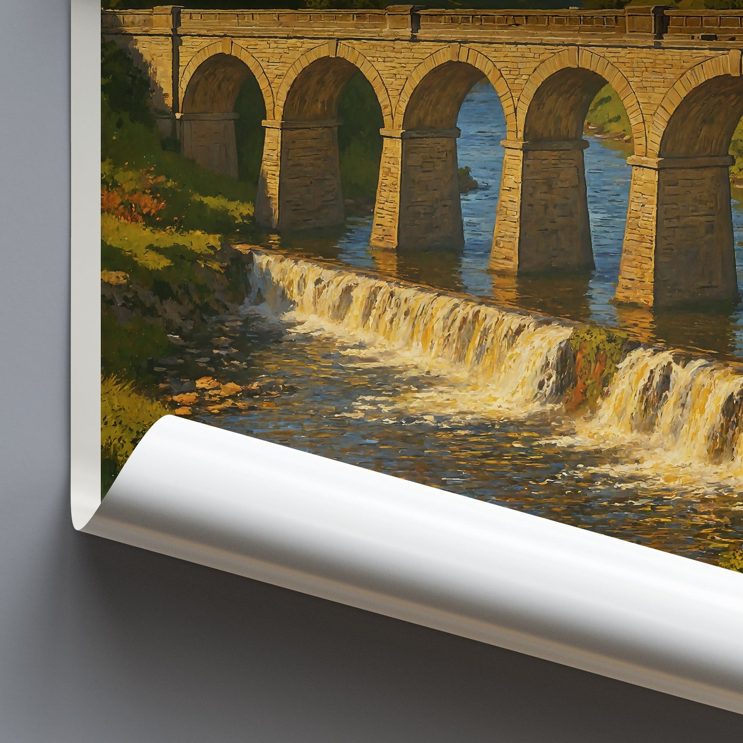 Elan Valley Travel Poster | Golden Arches Viaduct Welsh Landscape Print | UK Nature Art Decor | United Kingdom Wall Art