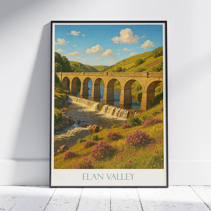 Elan Valley Travel Poster | Golden Arches Viaduct Welsh Landscape Print | UK Nature Art Decor | United Kingdom Wall Art
