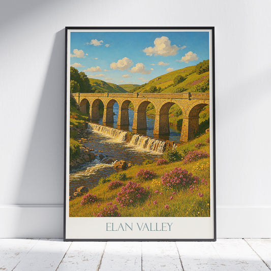 Elan Valley Travel Poster | Golden Arches Viaduct Welsh Landscape Print | UK Nature Art Decor | United Kingdom Wall Art
