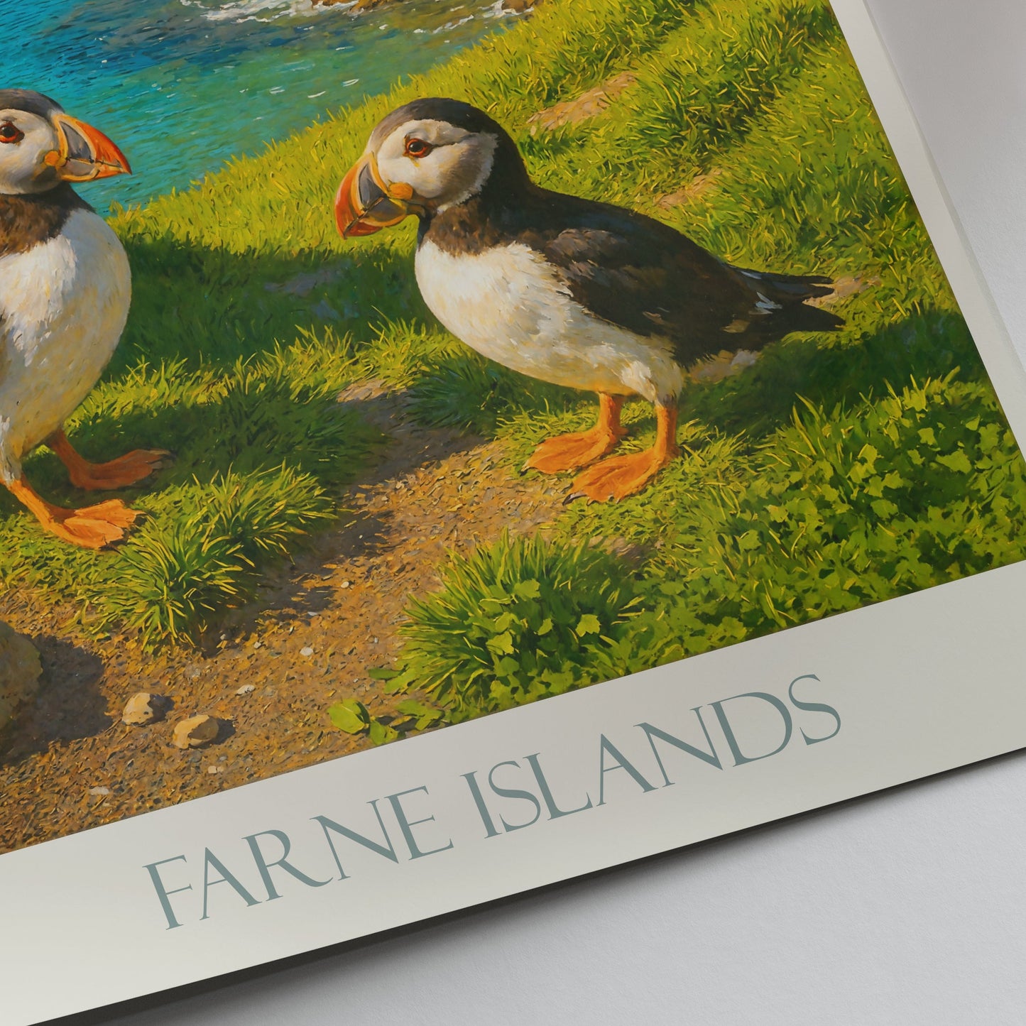 Farne Islands Puffins Travel Poster | Coastal Bird Art Print | UK Wildlife Wall Decor | Unique Nature Lover Gift