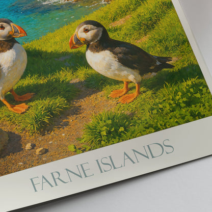 Farne Islands Puffins Travel Poster | Coastal Bird Art Print | UK Wildlife Wall Decor | Unique Nature Lover Gift