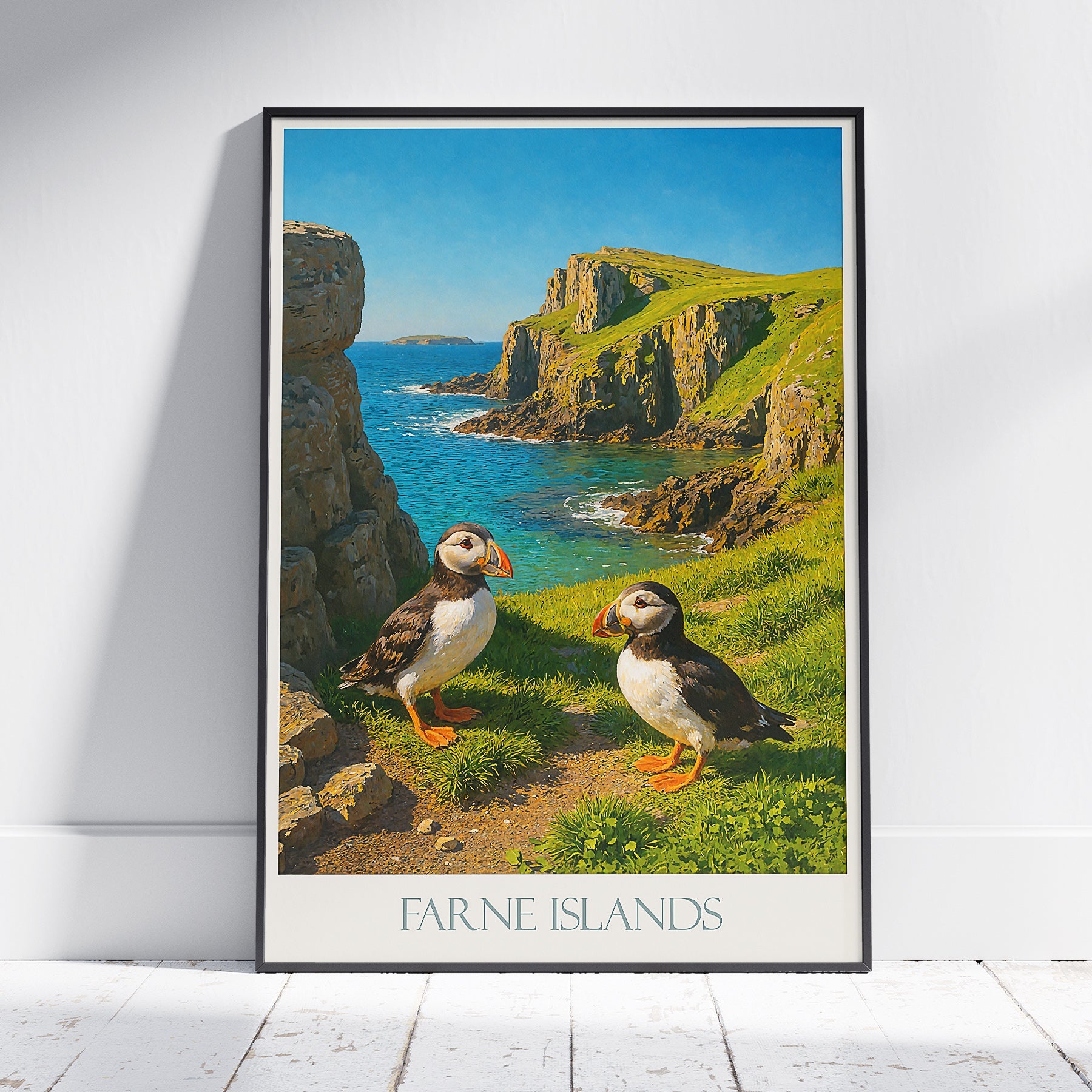 Farne Islands Puffins Travel Poster | Coastal Bird Art Print | UK Wildlife Wall Decor | Unique Nature Lover Gift