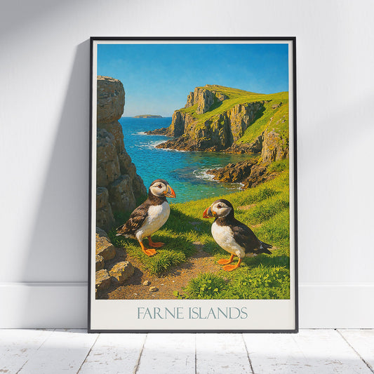 Farne Islands Puffins Travel Poster | Coastal Bird Art Print | UK Wildlife Wall Decor | Unique Nature Lover Gift