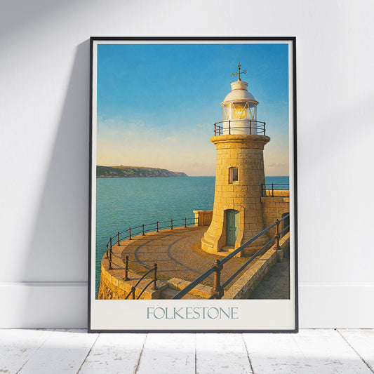 Folkestone Lighthouse Travel Poster | East Cliff Lighthouse Print | Kent Coast Wall Art | UK Seascape Home Decor