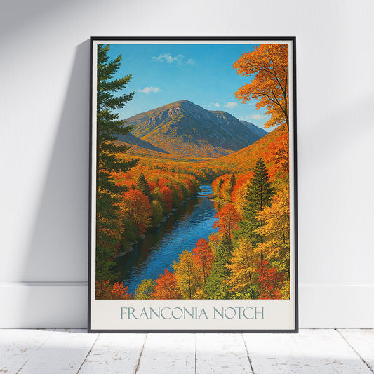 Franconia Notch Travel Poster, New Hampshire Autumn Foliage Art | White Mountains Landscape Print | Fall Home Decor Gift