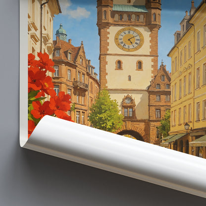 Freiburg Travel Poster, Germany Historic City Art | Schwabentor Gate Print & Old Town Wall Decor