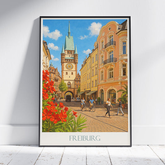 Freiburg Travel Poster, Germany Historic City Art | Schwabentor Gate Print & Old Town Wall Decor