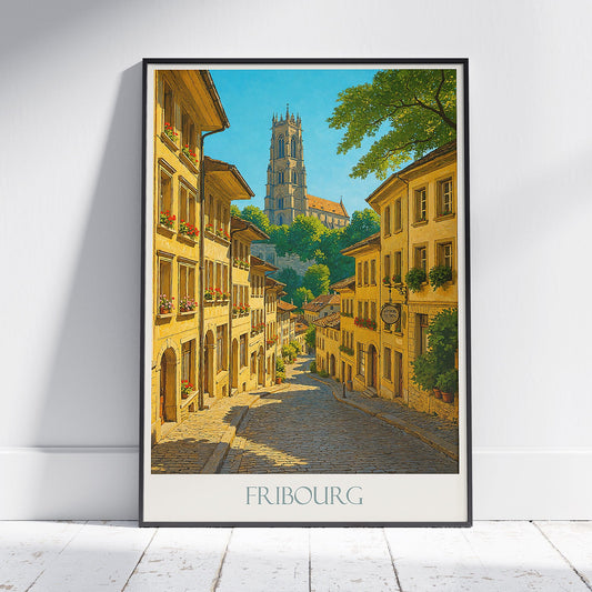Fribourg Switzerland Travel Poster, Old Town Street Scene ~ Vintage Art Print | European Wall Decor Gift