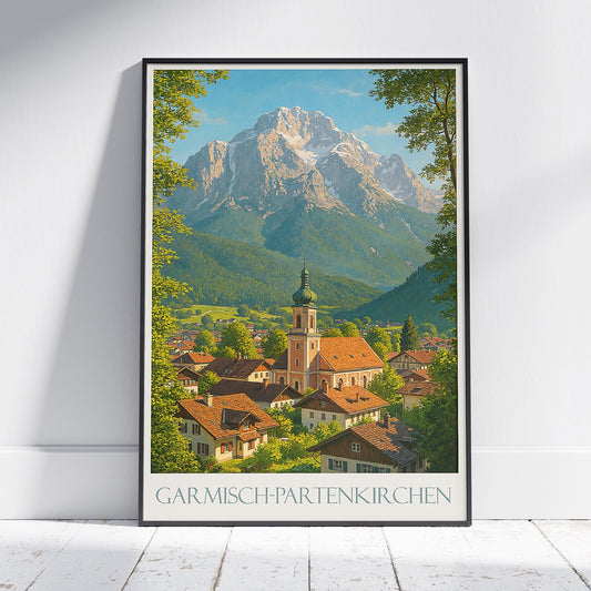 Garmisch-Partenkirchen Travel Poster | Zugspitze Alps Art Print | Bavarian Mountain Scenery | Germany Vintage Wall Art | Alpine Home Decor Gift