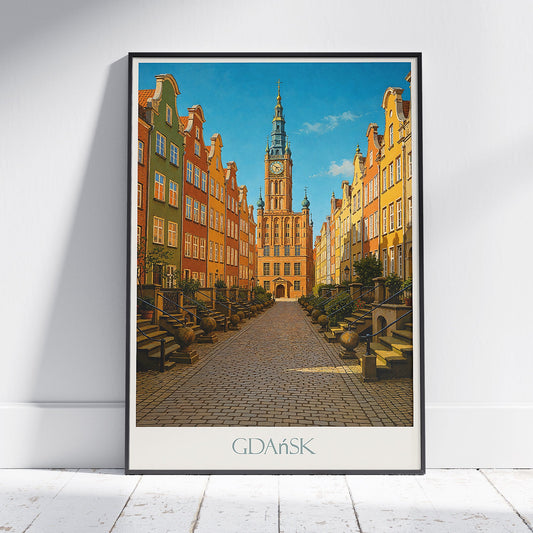 Gdansk Travel Poster, Hanseatic Old Town Street Poland | Historic Art Print | Vibrant Wall Decor | European City Gift Idea