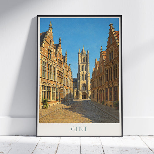 Ghent Travel Poster | St. Bavo's Cathedral Belgium Art Print | Historic Cityscape Wall Decor | Vintage Gothic Architecture