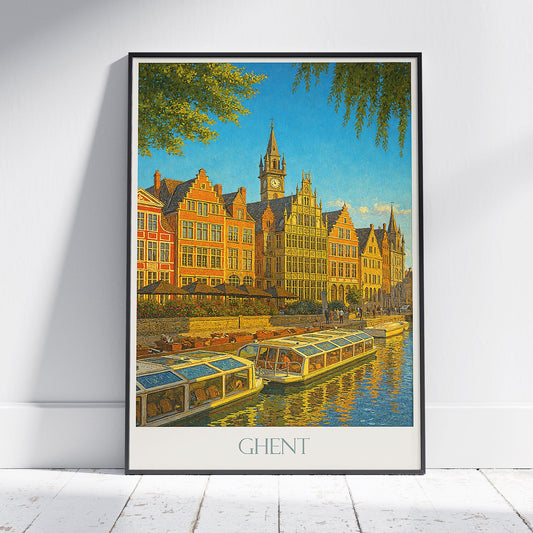 Ghent Travel Poster, Graslei Canal Art Print ~ Belgium Cityscape Wall Art | European Home Decor | Vacation Gift