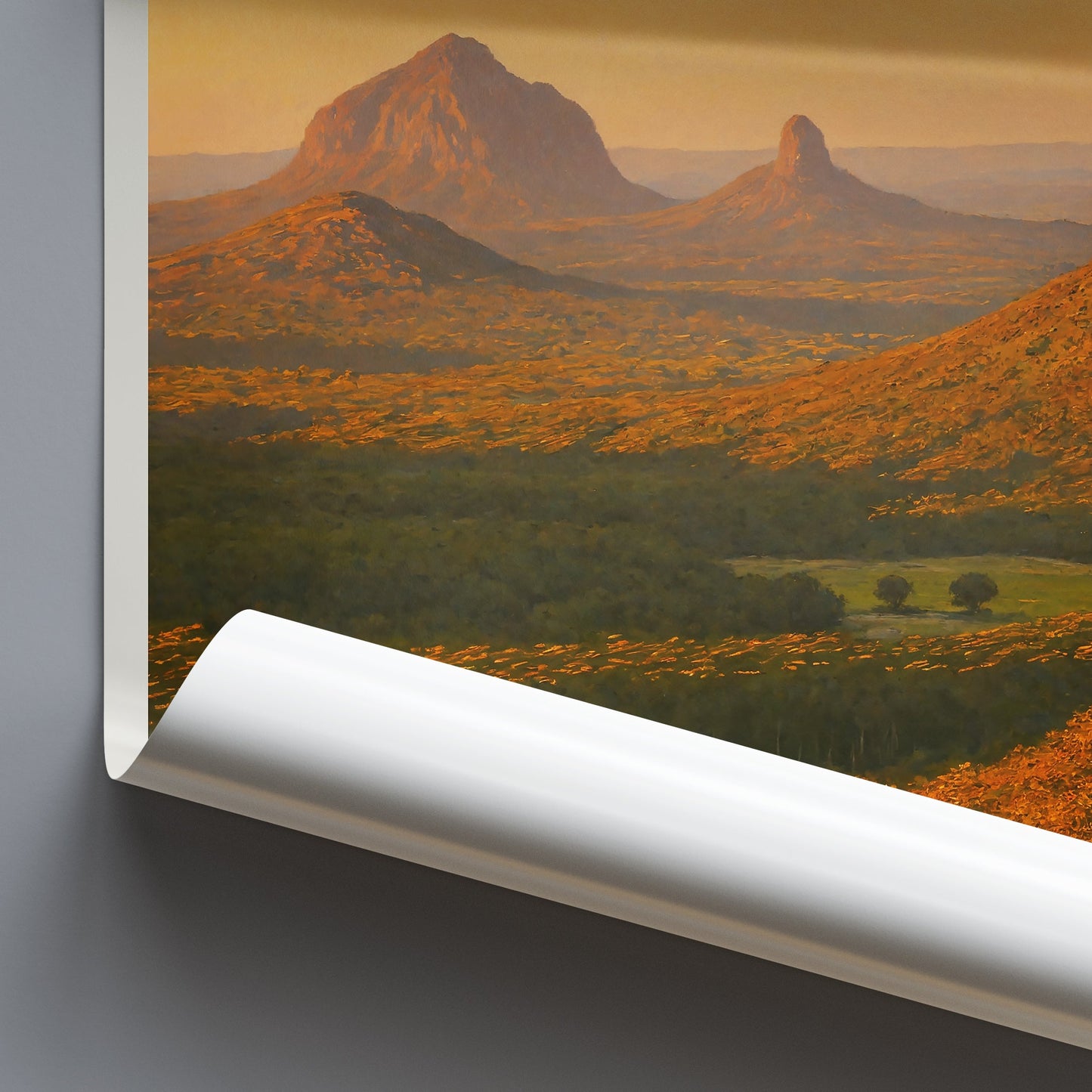 Glass House Mountains Travel Poster, Queensland Australia | Golden Sunset Landscape Wall Art Print