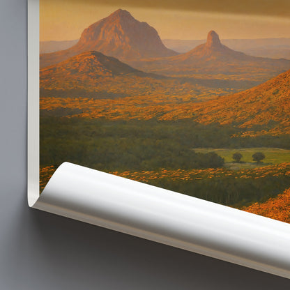 Glass House Mountains Travel Poster, Queensland Australia | Golden Sunset Landscape Wall Art Print