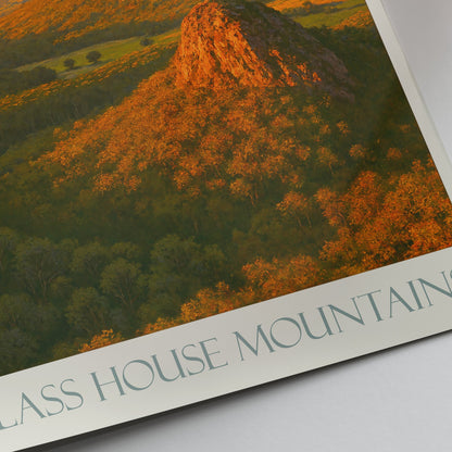 Glass House Mountains Travel Poster, Queensland Australia | Golden Sunset Landscape Wall Art Print