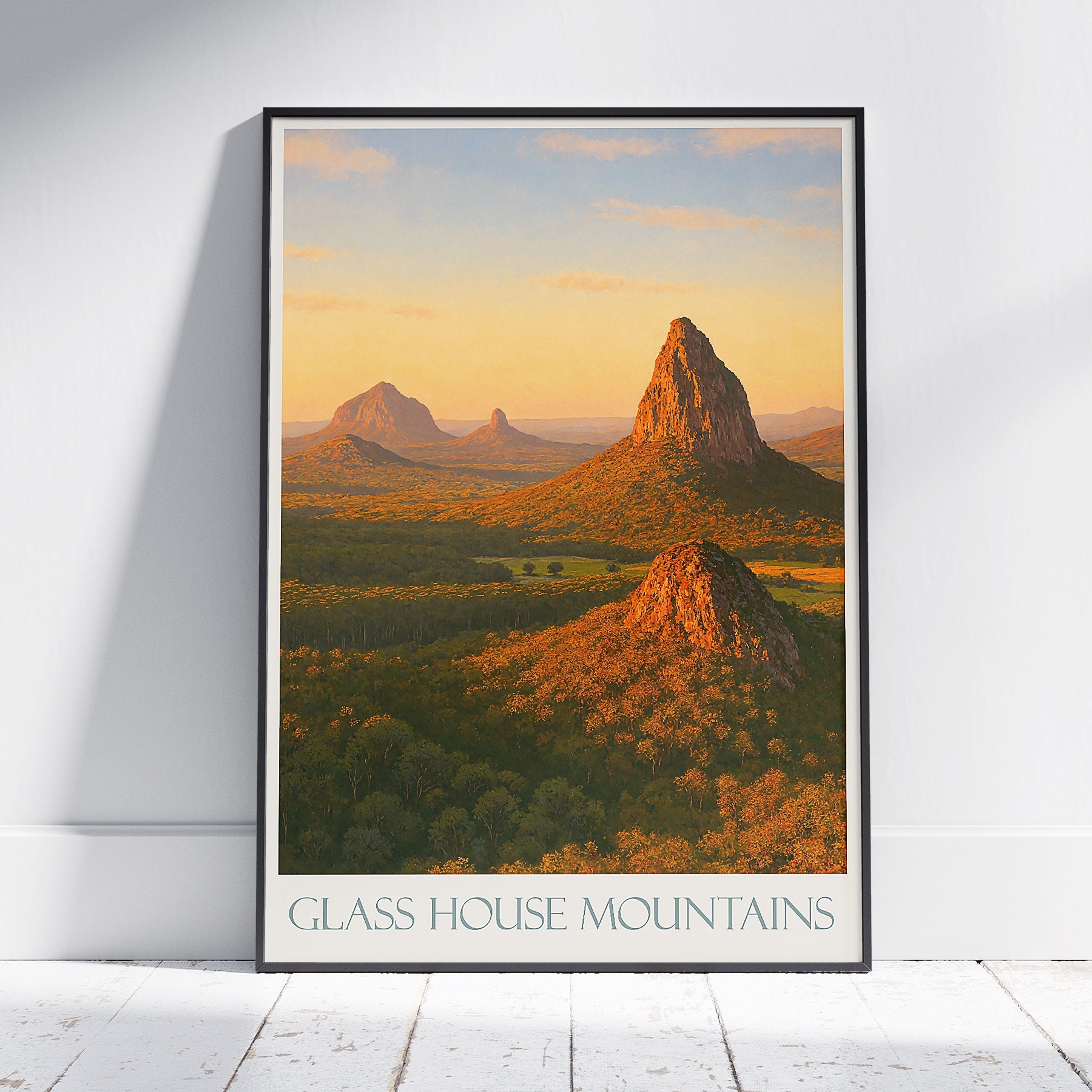 Glass House Mountains Travel Poster, Queensland Australia | Golden Sunset Landscape Wall Art Print