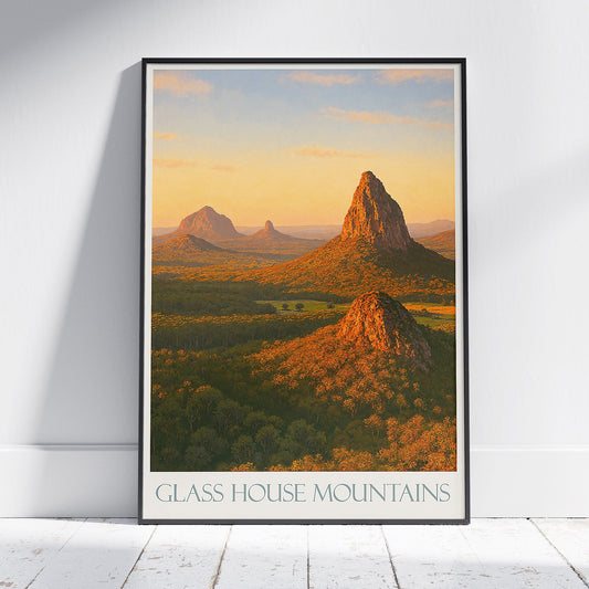 Glass House Mountains Travel Poster, Queensland Australia | Golden Sunset Landscape Wall Art Print