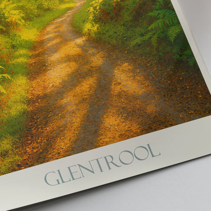 Glentrool Travel Poster, Sunlit Forest Trail Scotland Art Print | Nature Woodland Wall Art | Personalized Vacation Gift