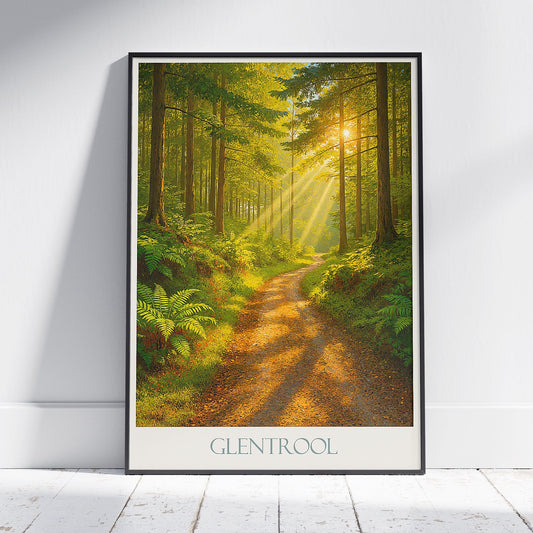 Glentrool Travel Poster, Sunlit Forest Trail Scotland Art Print | Nature Woodland Wall Art | Personalized Vacation Gift
