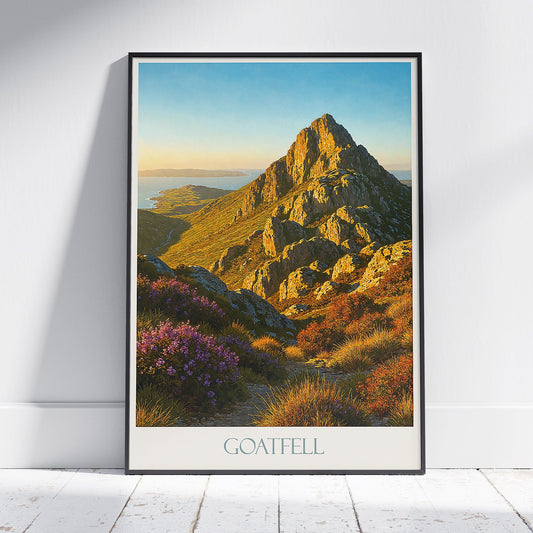 Goatfell Travel Poster, Isle of Arran Golden Sunrise Art Print | Scotland Mountain Landscape Decor | Unique Gift
