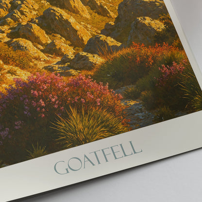 Goatfell Travel Poster, Isle of Arran | Golden Scottish Sunrise Landscape Print | Mountain Wall Art Decor