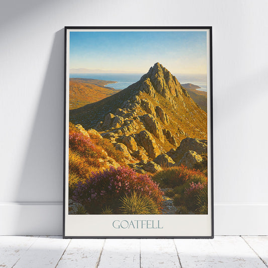 Goatfell Travel Poster, Isle of Arran | Golden Scottish Sunrise Landscape Print | Mountain Wall Art Decor