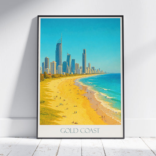 Gold Coast Travel Poster, Surfers Paradise Beach Art | Queensland Australia | Coastal Cityscape Wall Art Print | Modern Beach Decor