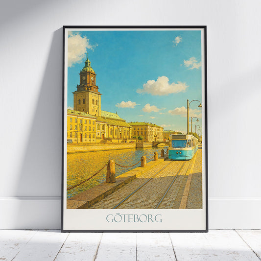 Gothenburg Travel Poster, Sweden Canal Cityscape ~ Vintage Tram Art Print | Nordic Wall Decor & Home Gift